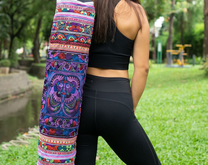 Hmong Embroidered Yoga Mat Bag, Purple Bird Pattern, Thai Fabric - BG316PURB