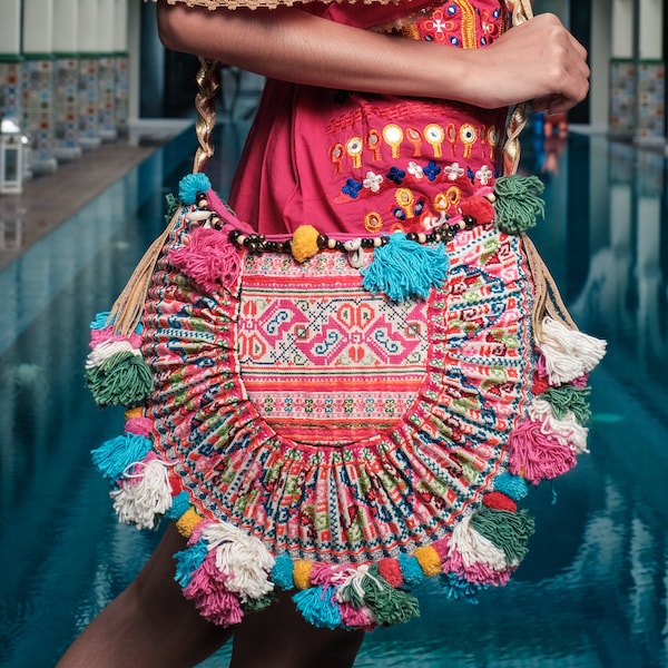 One of a Kind Bohemian Crossbody Bag with Vintage Hmong Embroidered Fabric, Colorful Pom Pom Crossbody Bag, Festival Bag - BG0039-00-PIN