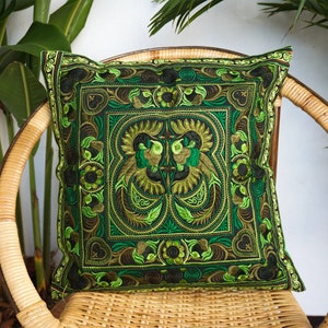 16x16 Green Bird Pattern Hmong Embroidered Pillow Cover from Thailand, Handcrafted Boho Pillow Cover, Decorative Ethnic Cushion Cover