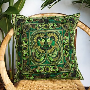 16x16 Green Bird Pattern Hmong Embroidered Pillow Cover from Thailand, Handcrafted Boho Pillow Cover, Decorative Ethnic Cushion Cover