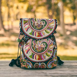 Handmade Hmong Embroidered Snake Backpack, Unique Thai Artisan Bag - BG317S