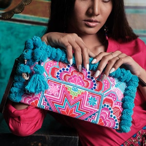 Blue Pom Pom Clutch Bag, Boho Wristlet with Hmong Hill Tribe Embridered Star Pattern, Festival Purse, Bohemian Bag - BG0041-00-BLU