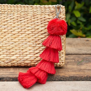 Red Tassels Pom Pom Keychain for Purse, Unique Long Tassels Zipper Charm, Boho Tassels Keychain in Red, Unique Gifts for Her - AC1001-RED