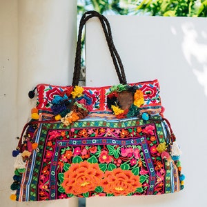 Hmong Tote Bag, Embroidered Large Tote with Colorful Pom Pom,  Boho Beach Tote, Bohemian Tote with Floral - BG0033-02-BLA