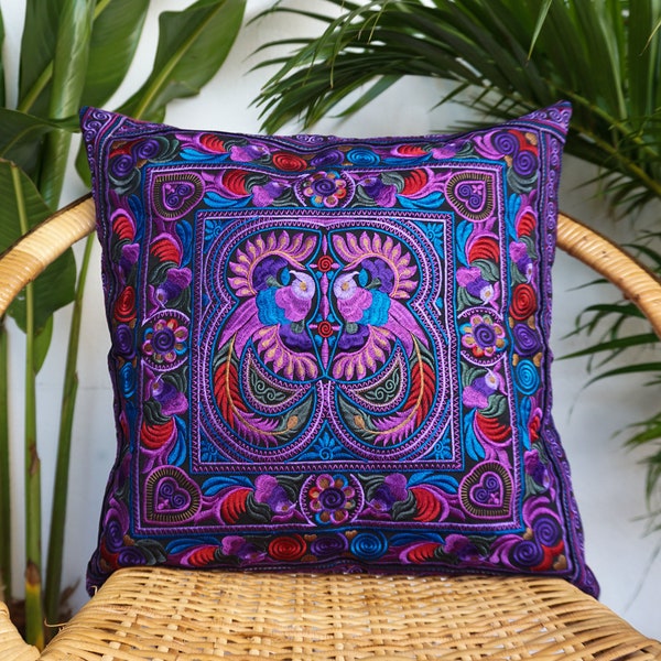 16x16 Purple Hmong Embroidered Throw Pillow Cover,  Decorative Pillow Cover, Zippered Pillow Cover from Thailand - CS101PURB