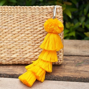 Puede incluir: Un llavero de borla amarillo con múltiples capas de flecos unidos a un anillo plateado. El llavero está colgado de una bolsa de paja tejida.