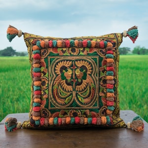 16x16 Orange Fågelbroderad Hmong Örngott, Boho Prydnadskudde - CS4YELB bild 1