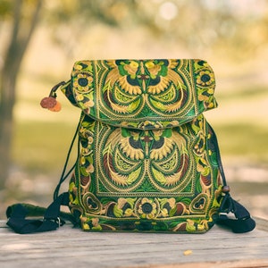 Green Bird Pattern Unique Women's Backpack,  Hill Tribe Embroidered Fabric, Boho Backpack, Ethnic Backpack from Thailand  - BG317GREB