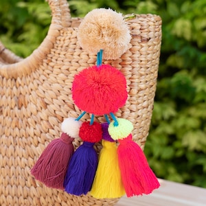 Handmade Large Pom Pom, Tassels Zipper Charm for Handbag, Unique Pom Pom Tassel Zip Pull, Accessories with Pom Pom Tassels for Purse - AC9