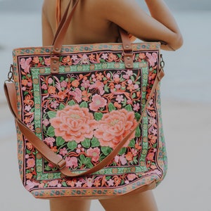 Garden Hmong Embroidered Women's Tote Bag Large Size, Boho Beach Tote Bag with Leather Crossbody Strap BG0055-01-BLA image 1