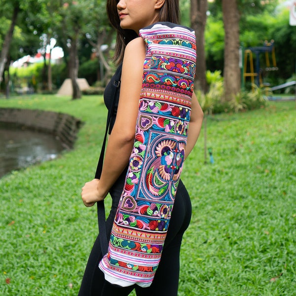 Colorful Yoga Mat Bag, Hmong Embroidered Yoga Mat Bag, Ethnic Yoga Bag, Tribal Yoga Mat Bag from Thailand, Unique Yoga Bag - BG316CB