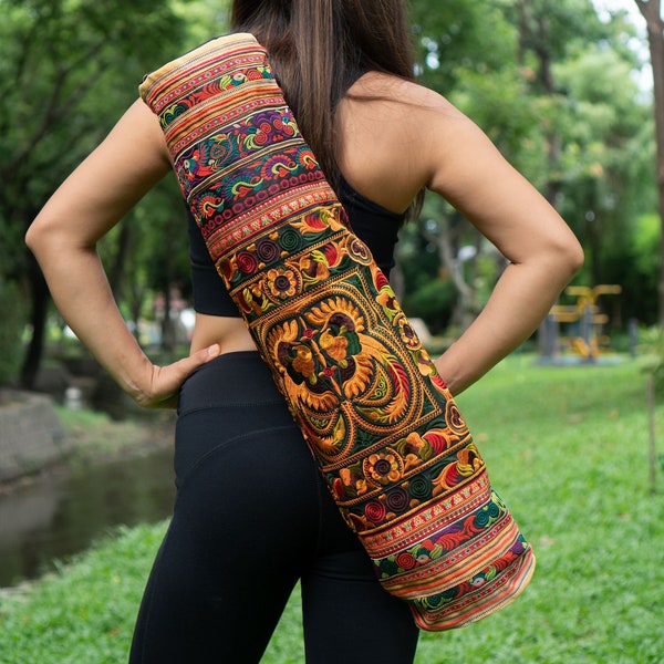 Orange Vogel Muster Hill Tribe Bestickte Yogamattentasche aus Thailand, Einzigartige Yogamattentasche, Ethnische Yogamattentasche für Frauen - BG316ORGB