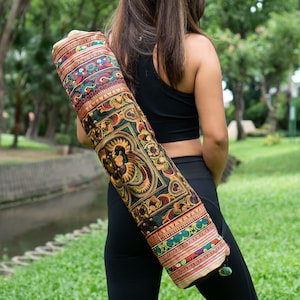 Mokka Vogel Muster Yogamatten Tasche, Hill Tribe Bestickte Yogamattentasche, Thai Yogamattentasche für Frauen, Hippie Yogatasche - BG316MB