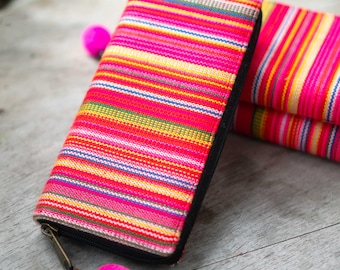 Karen Handwoven Wallet for Women, Thai Tribal Purse with Pom Pom