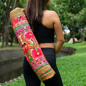 Handcrafted Embroidered Yoga Mat Bag for Women,  Yoga Bag for Mat in Yellow, Hmong Yoga Mat Bag from Thailand - BG316YELH