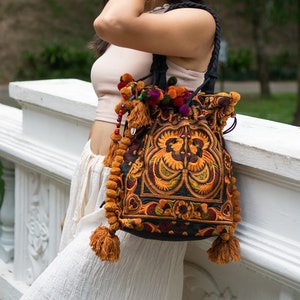 Mocha Bird Pattern Drawstring Tote Bag, Hmong Handbag, Thai Shoulder Bag with Pompoms, Ethnic Embroidered Bag, Boho Tote Bag - BG57BMOC