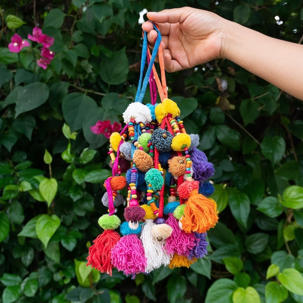 Colorful Cotton Pompom Tassel, Bohemian Tassel, Multi Pompom Bag Charm, Knob Hanger, Door Decoration, Car Rear View Decor, - AC6MUL