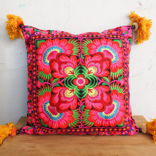 16x16 Red Flower Ethnic Cushion Cover with Pom Poms, Hmong Embroidered Pillow Case, Tribal Cushion Cover, Bohemian Style Pillow - CS12BLAF