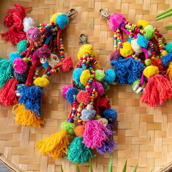 Boho Chic Tassel Pompoms for Handbags, Hippie Tassel Bag Charm, Zipper Charm, Pompoms Keychain, Pompoms Purse Charm, Tassel Decor - AC5