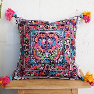 Poszewka na poduszkę z kolorowym haftem ptaków Hmong, 16x16, dekoracja boho z frędzlami - CS12CB