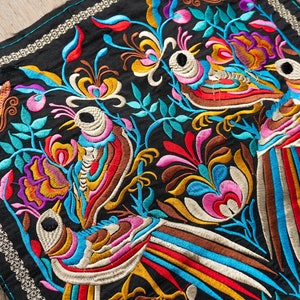 4 Bird Pattern Hill Tribe Embroidered Textile from Thailand, Ethnic Embroidery, New Machine Hmong Textile, Unique Thai Textile - TX101BLA4B