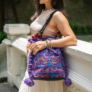 Purple Bird Pattern Thai Bag with Pompoms, Hmong Tribe Embroidered Beach Bag, Boho Chic Tote Bag from Thailand - BG57BPUR