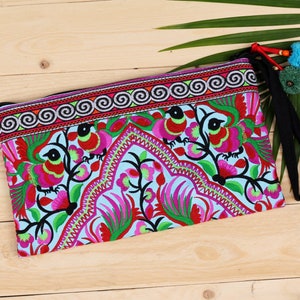 Blue Peacock Pattern Clutch with Pom Pom, Hmong Tribes Embroidered Wristlet,  Clutch Bag from Thailand, Boho Bag - BG308BLUP