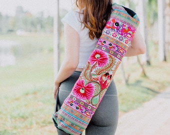 Handmade Yoga Mat Bag Tribal Hmong Embroidered  Thailand, Women Yoga Mat Bag, Yoga Bag for Yoga Lover, Fair Trade Bag - BG316BLUH