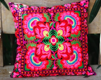 Handcrafted  Pillow Cover with Hmong Hill Tribe Embroidered, Sofa Pillows, Flower Tropical Pillow, Tribal Pillow Cover - CS101BLAF