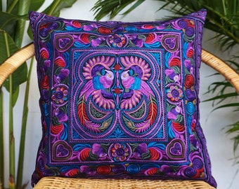 16x16 Purple Hmong Embroidered Throw Pillow Cover,  Decorative Pillow Cover, Zippered Pillow Cover from Thailand - CS101PURB