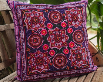 Pink Hmong Cushion Cover, Embroidered Pillow Case, Thai Rustic Pillow Cover, Boho Pillow, Ethnic Pillow Case, Hippie Cushion - CS101FCPIN