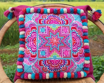 18x18 Pom Pom Pillow Cases, Hmong Embroidered Pillow Cover,  Cushion, Boho Pillow, Bohemian Pillow, Ethnic Pillow  - CS0008-00-PIN