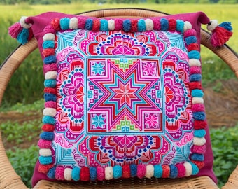 Funda de almohada bordada con estrellas Hmong de 45 x 45 cm, cojín bohemio con pompones - CS8STPIN