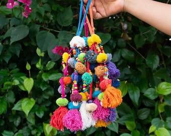 Colorful Cotton Pompom Tassel, Bohemian Tassel, Multi Pompom Bag Charm, Knob Hanger, Door Decoration, Car Rear View Decor, - AC6MUL