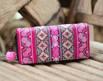 Ethnic Wallet for Women, Hill Tribe Hmong Embroidered Purse, Zip Wallet with Pom Pom,  Purse for Women - WA301UVPIN