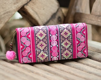 Ethnic Wallet for Women, Hill Tribe Hmong Embroidered Purse, Zip Wallet with Pom Pom,  Purse for Women - WA301UVPIN