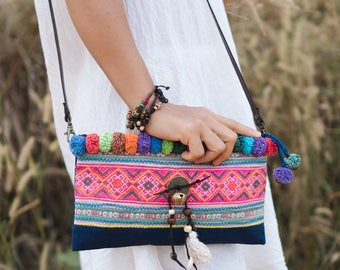 Hmong Crossbody Bag, Embroidered Ethnic Purse with Pom Poms - BG506VNBLU