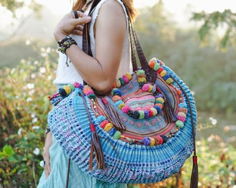 HALF MOON Unique Women's Shoulder Bag with Leather Strap, Beach Bag with Pom Pom, One of a Kind Hmong Bag, Bohemian Bag - BG0002-00-BLU