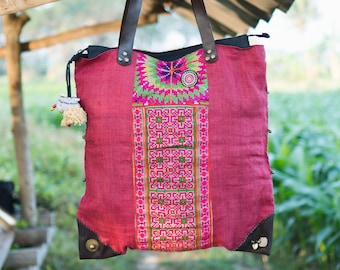 Hemp Beach Tote Bag for Women, Unique Vintage Hmong Embroidered Tote in Red, Handcrafted Tote with Leather Straps, Boho Bag - BG0007-00-RED