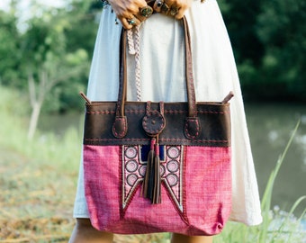 Hmong Sun Beach Tote Bag with Hemp Fabric in Pink, Decoration with Tassels, Ethnic Shoulder Bag with Leather, Boho Handbag - BG0015-00-PIN