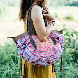 One of a Kind Vintage Tote Bag for Women with Hmong Embroidered, Ethnic Shoulder Bag, Hill Tribe Beach Tote from Thailand - BG0009-00-PIN