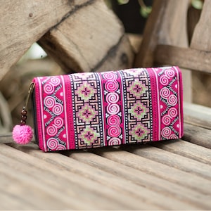 Ethnic Wallet for Women, Hill Tribe Hmong Embroidered Purse, Zip Wallet with Pom Pom,  Purse for Women - WA301UVPIN