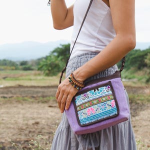 Purple Corssbody Bag with Vintage Hmong Hill Tribe Embroidered, Pom Pom Zip Pull, Boho Purse, Women Sling Bag, Gift Bag for Her - BG522PURV