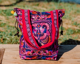 Pink Bird Pattern Drawstring Tote Bag with Hill Tribe Embroidery, Handcrafted Beach Tote Bag from Thailand, Boho Bag - BG312PINBFS