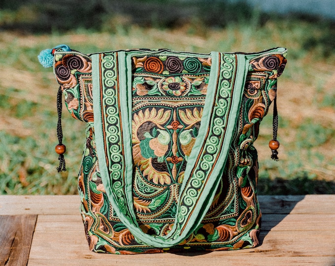 Hmong Embroidered Tote Bag, Green Bird Pattern, Boho Beach Bag - BG312GREBFS