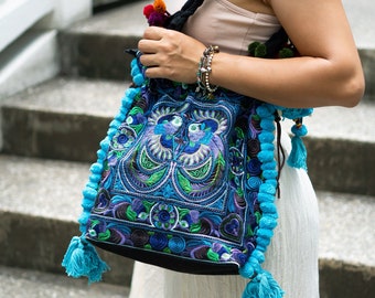 Blue Bird Pattern Drawstring Tote Bag with Pompoms, Tassels, Hmong Embroidered Shoulder Bag, Boho Chic Shopping Bag - BG57BBLU