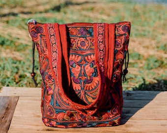 Red Bird Pattern Hmong Embroidered Tote Bag, Handcrafted Tote Bag from Thailand, Boho Tote Bag, Beach Tote Bag - BG312REDBFS