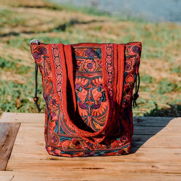 Red Bird Pattern Hmong Embroidered Tote Bag, Handcrafted Tote Bag from Thailand, Boho Tote Bag, Beach Tote Bag - BG312REDBFS