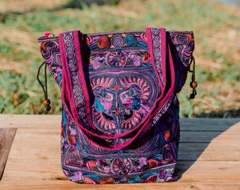 Purple Bird Pattern Drawstring Tote Bag for Women,  Embroidered Beach Tote Bag, Ethnic Tote Bag, Unique Gift for her - BG312PURBFS