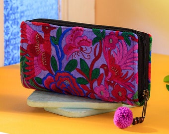 Handcrafted Embroidered Wallet, Purple Garden Purse, Hmong Textile - WA301PURG